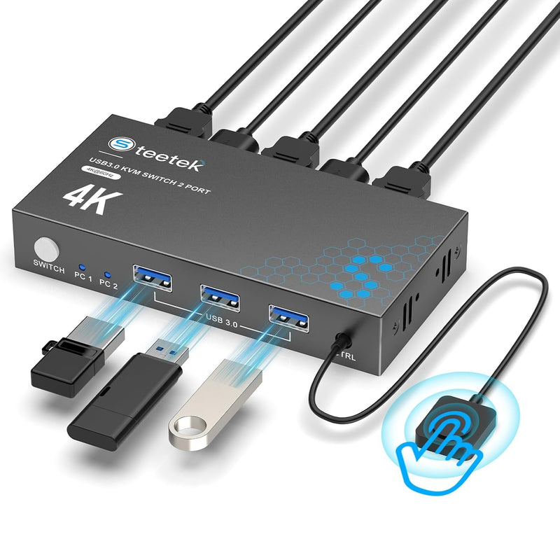 Steetek HDMI KVM Switch 2 PC 1 Monitore 4K@60Hz, USB 3.0 KVM Switch HDMI Für 2 Computer 1 Monitor Ge