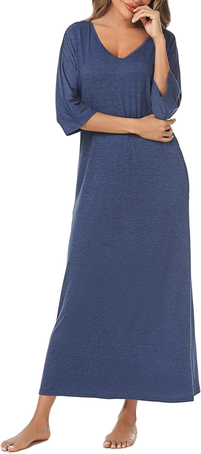 Uniexcosm Nachthemd Damen Lange Baumwolle 3/4 Ärmel Nachtkleid Nachtwäsche V-Ausschnitt Freizeitklei