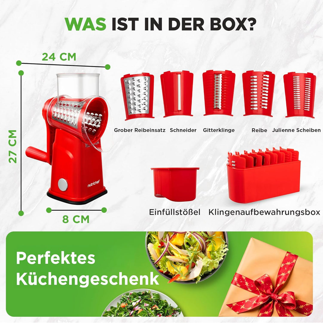 NutriChef Käsereibe mit Kurbel - Gemüsereibe inkl. 5 Trommelblättern - Ideal für Käse Gurken Karotte