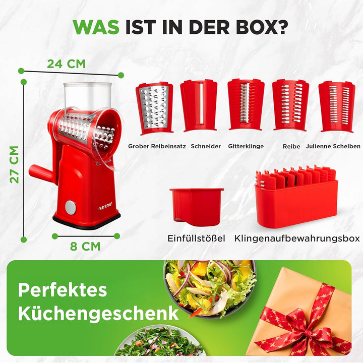 NutriChef Käsereibe mit Kurbel - Gemüsereibe inkl. 5 Trommelblättern - Ideal für Käse Gurken Karotte