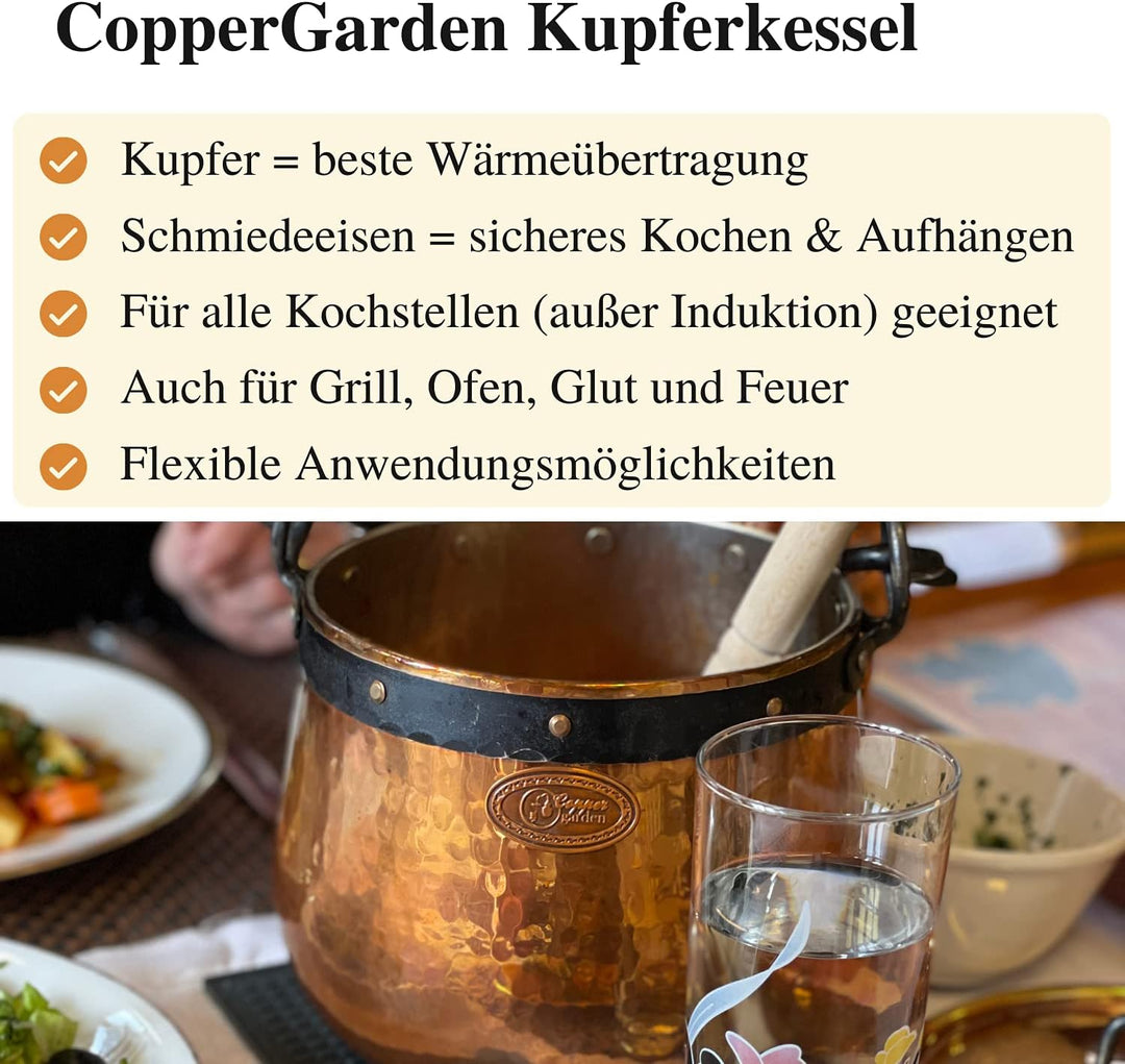 CopperGarden Kupferkessel 20 L mit Henkel I Robuster Kessel aus blankem Kupfer: Ideale Wärmeleitung