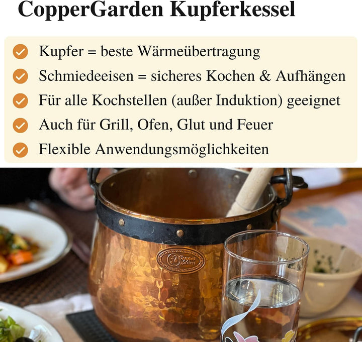 CopperGarden Kupferkessel 20 L mit Henkel I Robuster Kessel aus blankem Kupfer: Ideale Wärmeleitung