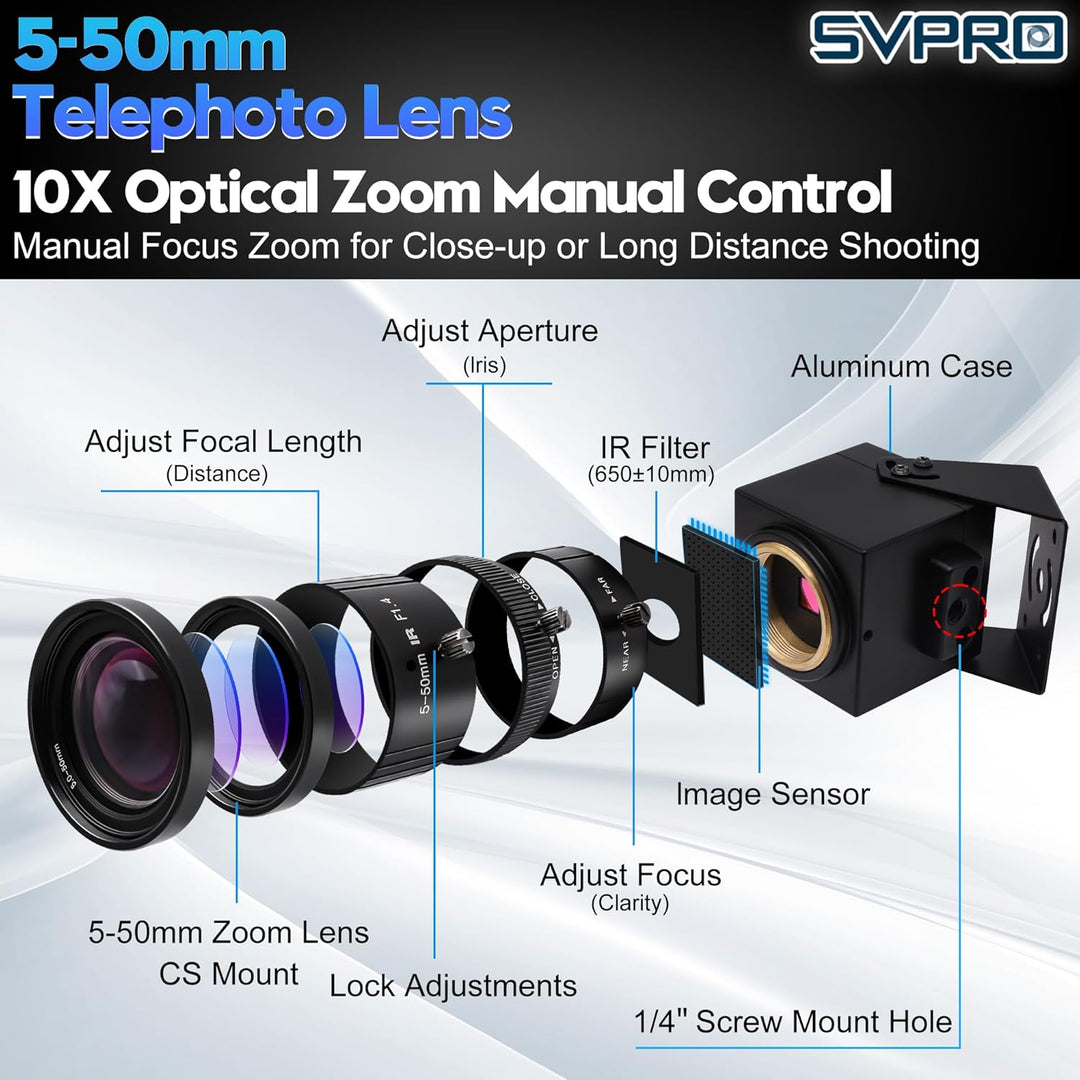 SVPRO 5MP 30FPS USB-Kamera mit 5-50 mm Teleobjektiv, 10-fach optischem Zoom manuellem Fokus Webcam,