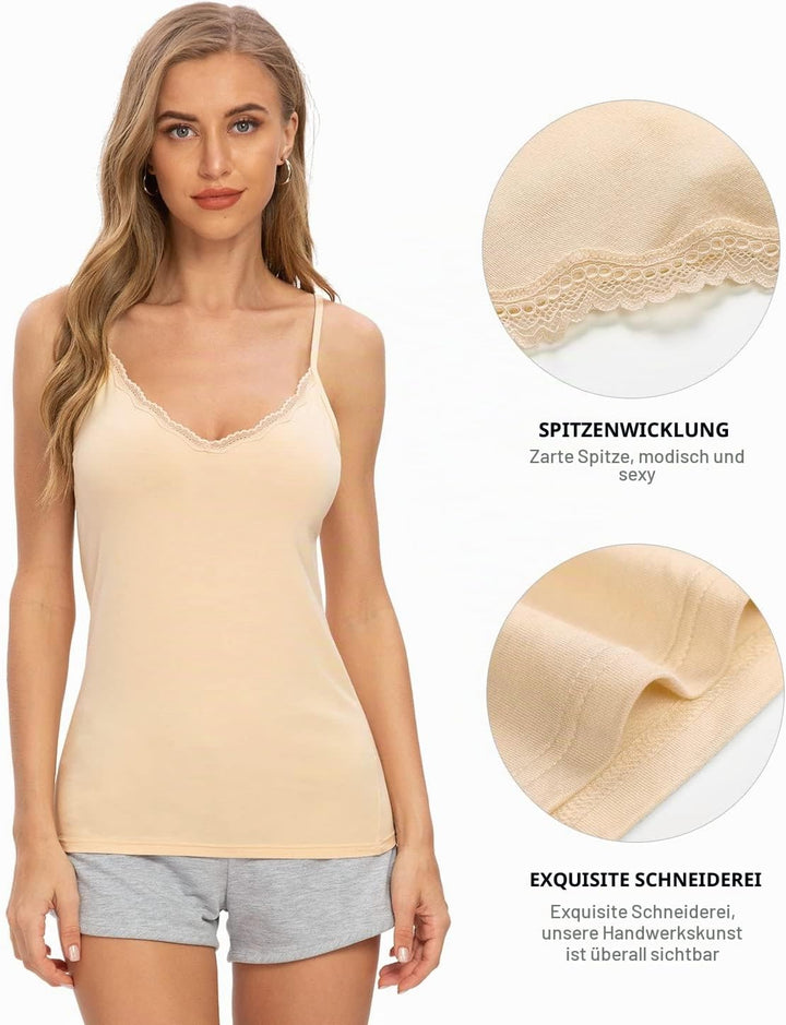 Damen Tanktop mit Spitzen Unterhemd Spaghettiträger Basic Top V-Ausschnitt Verstellbare Trägertop 4e