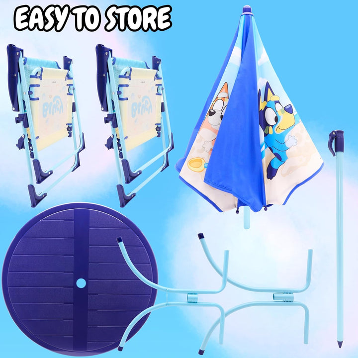 Toyland® Bluey & Bingo Terrassenset mit Tisch und Stühlen – 1 Tisch, 2 Stühle und 1 Sonnenschirm – K