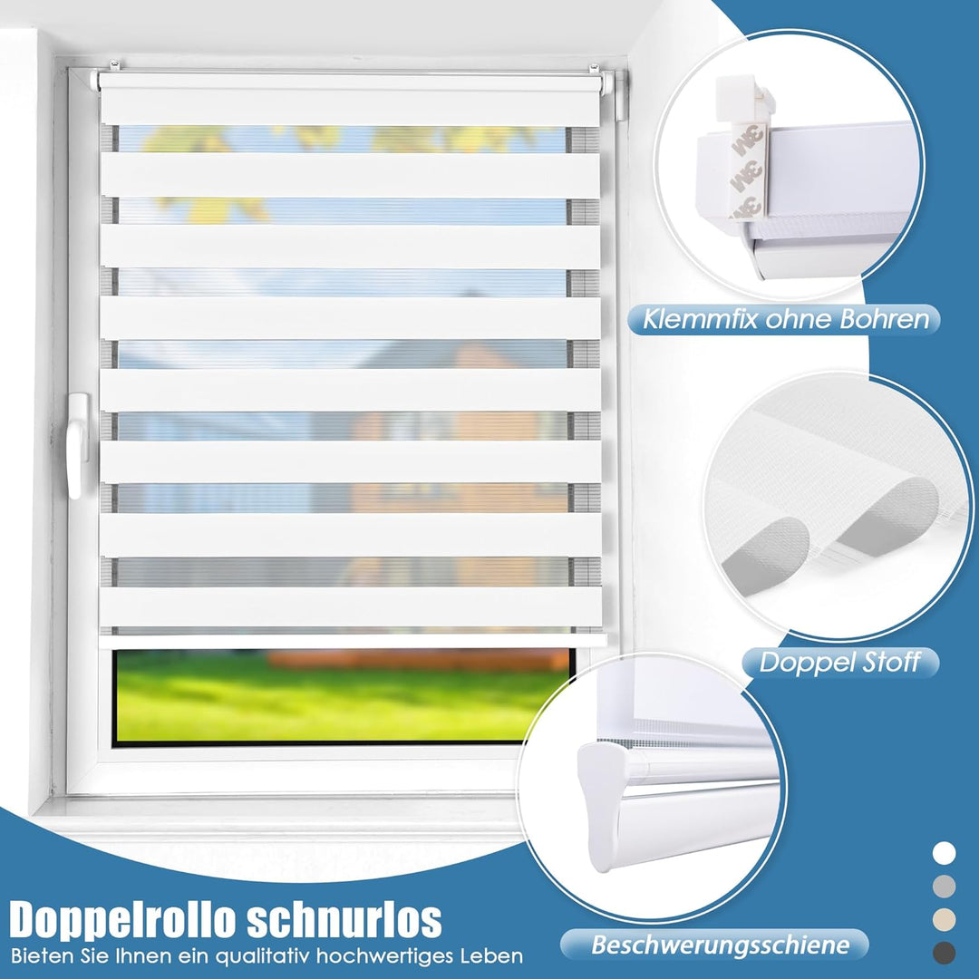 SBARTAR Doppelrollo schnurlos Klemmfix Rollos für Fenster ohne Bohren & zum Bohren, Weiss 100x140cm