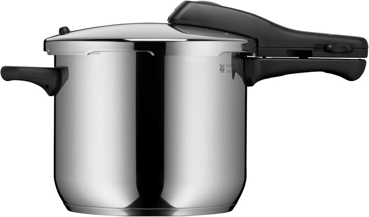 WMF Perfect Schnellkochtopf Induktion 6,5l, Dampfkochtopf mit Einsatz, grosses Kochsignal, 2 Kochstu