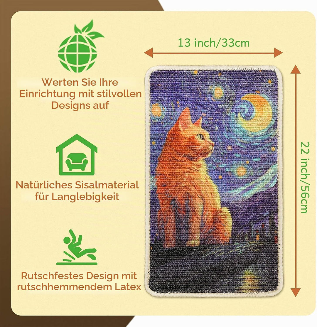 SOLDAY Sisal Kunst Kratzmatte Katze 56x33cm Wand &amp; Couch Schutz, Starry Cat | Natürliche Sisalmatte