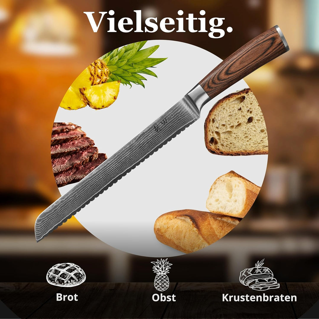 Wakoli EDIB Brotmesser Wellenschliff aus echtem Damaststahl (VG10 Kern) mit 23cm Klinge – Scharf & e