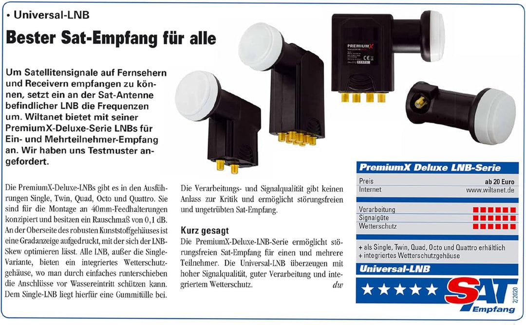 Premium X Deluxe Twin LNB - Signalumsetzer für 2 Teilnehmer mit digitalem SAT-Empfang in HD, UHD &amp; 4