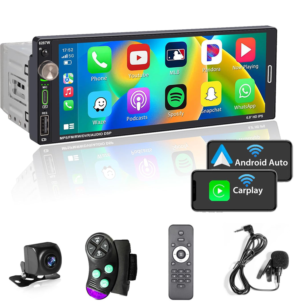 Autoradio 1Din mit Bildschirm (6,9") Kompatibel mit Apple CarPlay [Wireless] Android Auto Bluetooth
