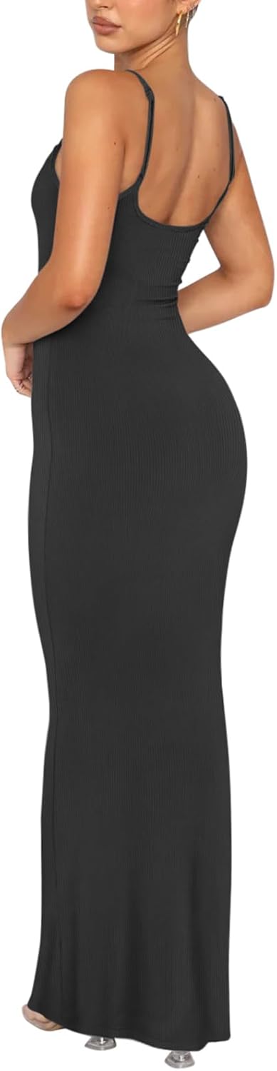 REORIA Damen Sexy Lounge Slip Langes Kleid Elegantes Hochzeitsgast ärmelloses rückenfreies Geripptes