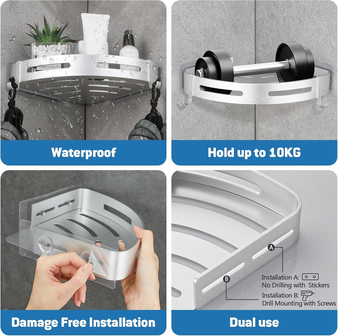 GRICOL Eckablage Duschkorb Duschregal ohne Bohren Duschablage Space Aluminum mit 2 Haken Dusche Abla