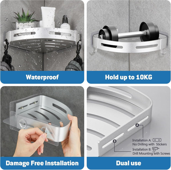 GRICOL Eckablage Duschkorb Duschregal ohne Bohren Duschablage Space Aluminum mit 2 Haken Dusche Abla