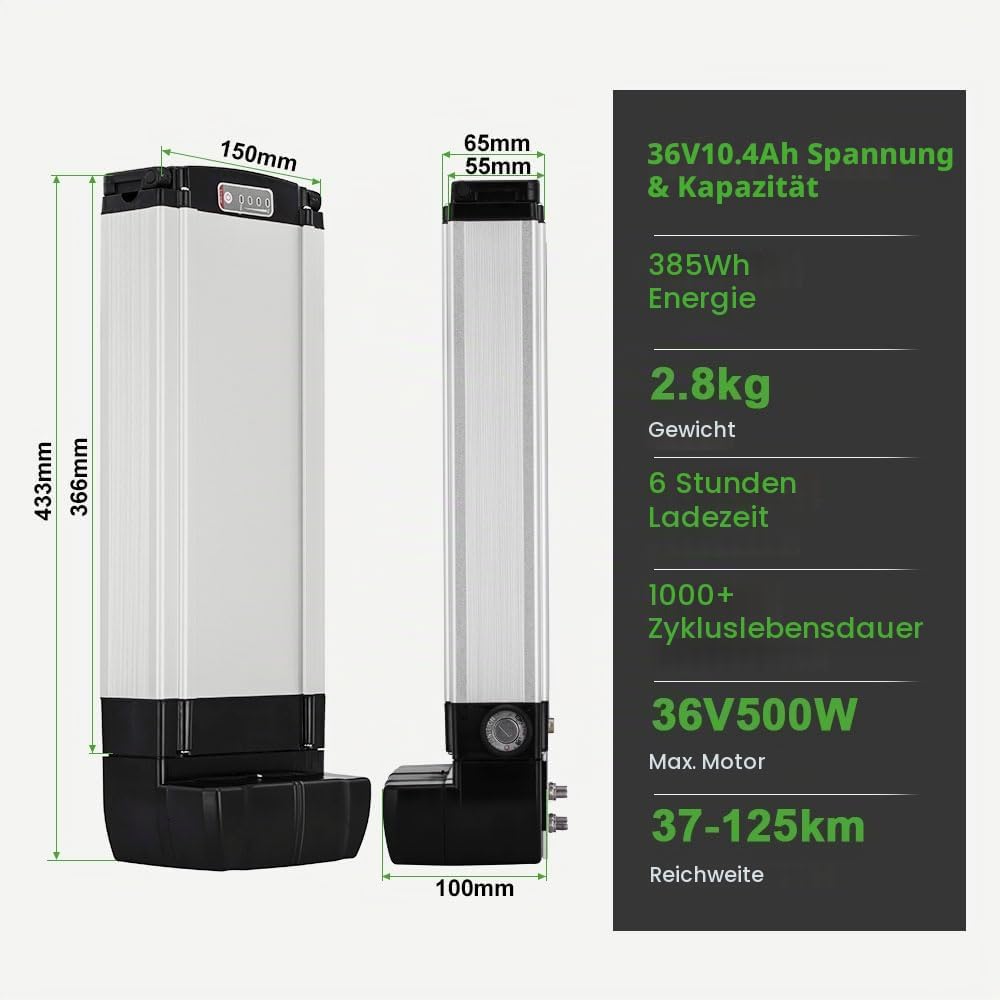 E-Bike Li-ion Batterie 36V 10,4Ah mit Ladegerät für 250W-500W Elektrofahrrad Pedelec E-GO! Wondervel