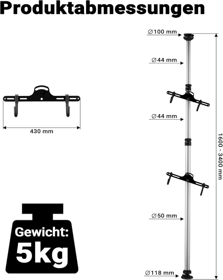 Wiltec Teleskop Fahrradhalter für 2 Räder je 20kg 160-340cm, Fahrradständer platzsparend, Hängesyste