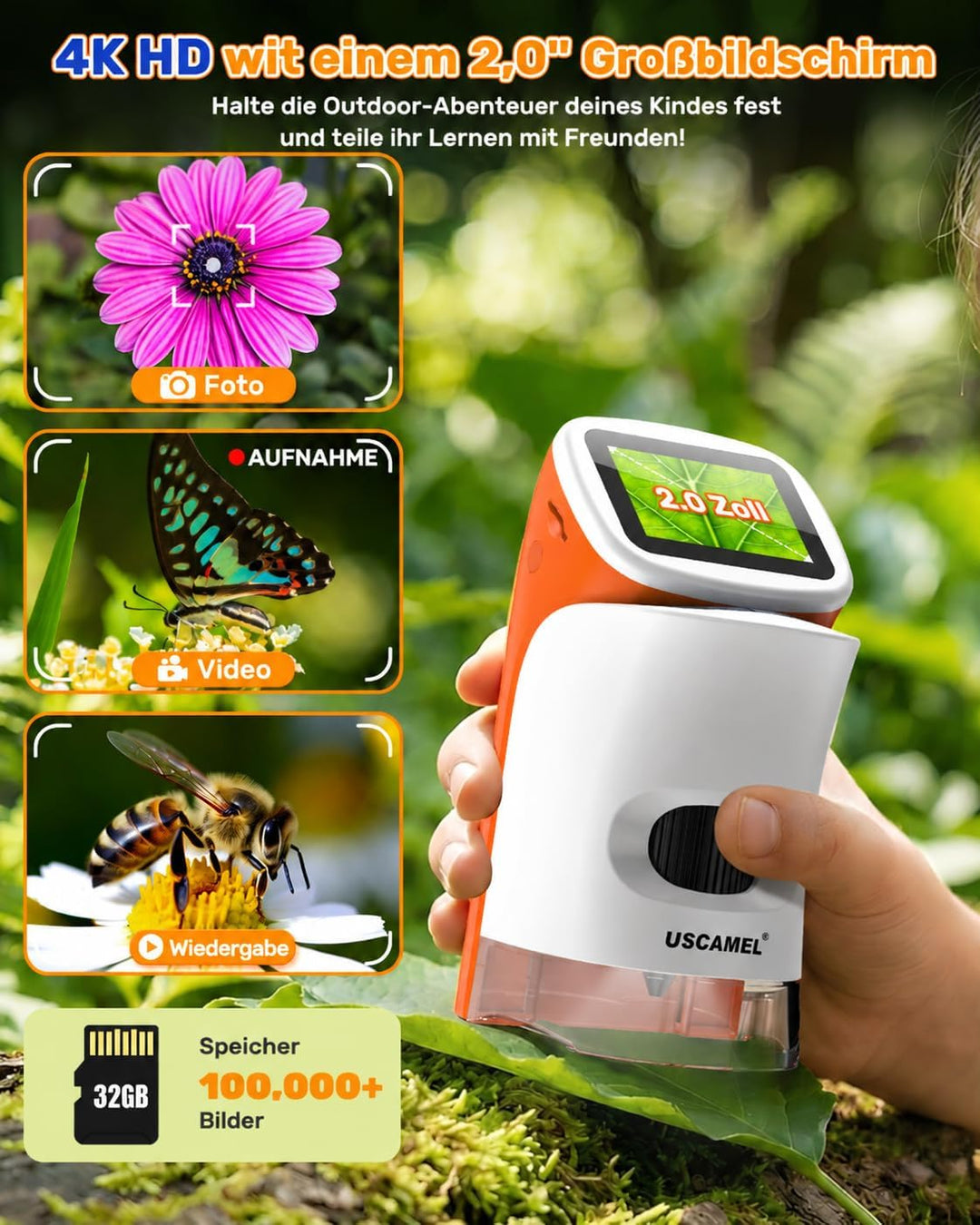 Mikroskop für Kinder mit Stand: Digitales Handmikroskop 100 – 1000 x: LCD-Display 4 K, 2,0 Zoll, USB