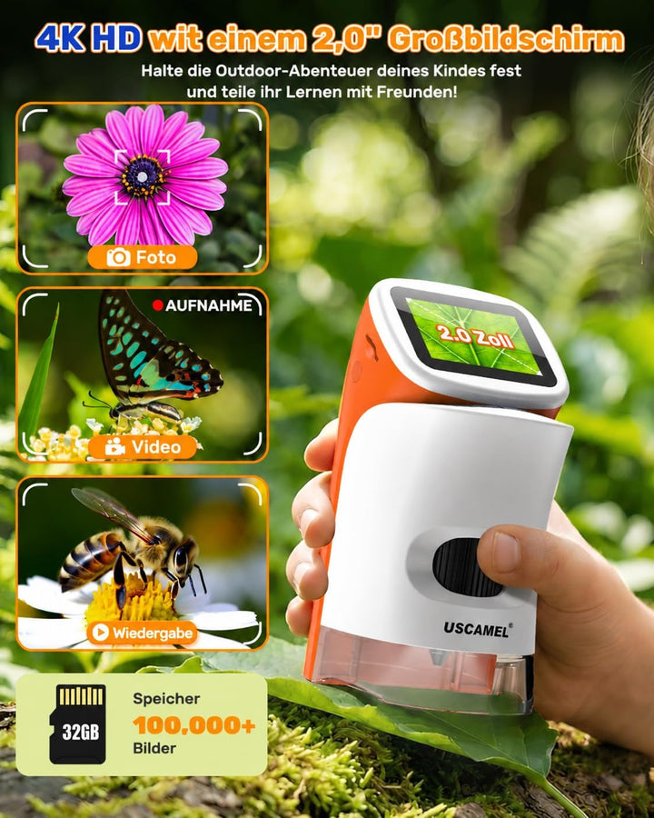 Mikroskop für Kinder mit Stand: Digitales Handmikroskop 100 – 1000 x: LCD-Display 4 K, 2,0 Zoll, USB