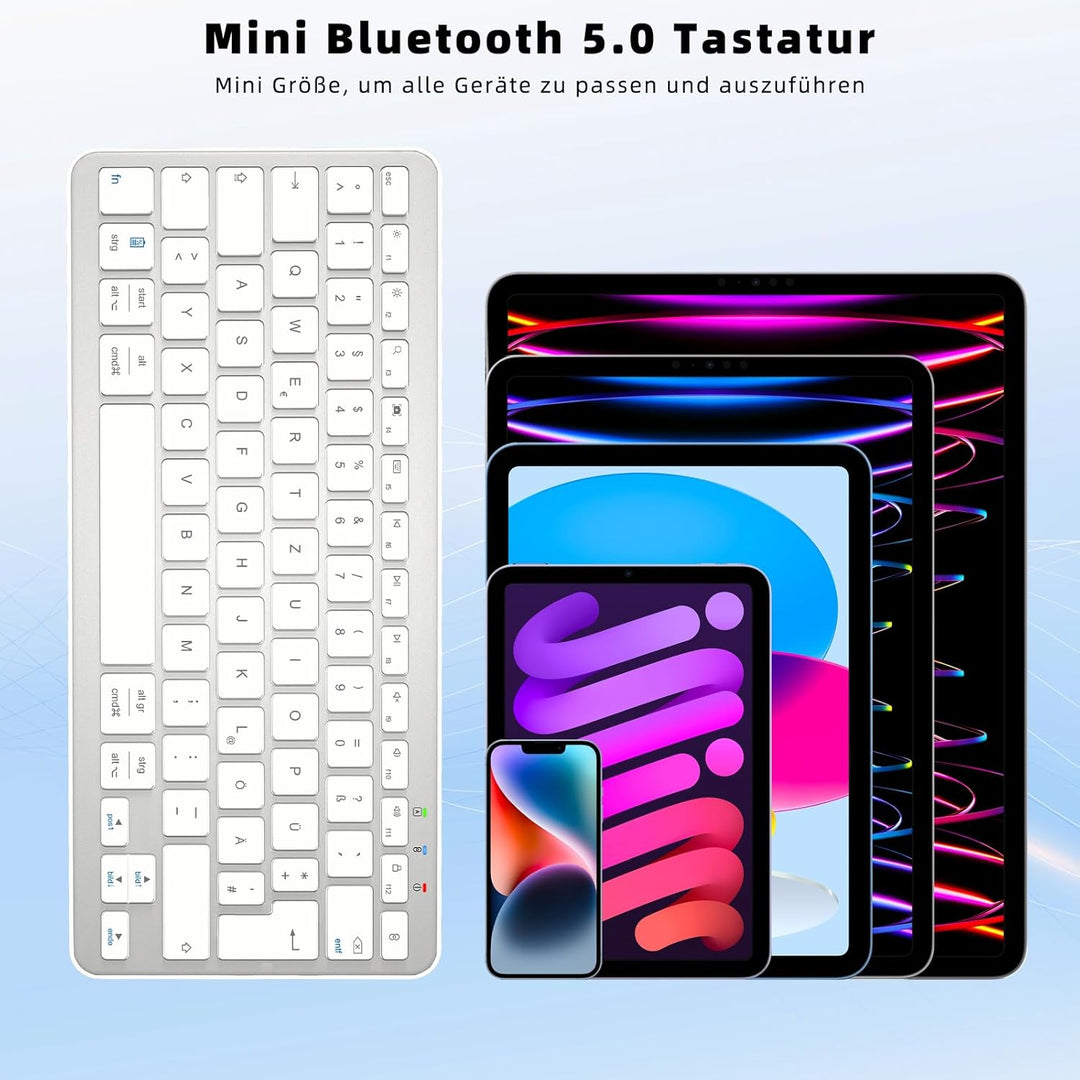 Kabellose Bluetooth Tastatur, Wiederaufladbare Mini Type-C, Funk, Ultraslim Ergonomisches Design, De