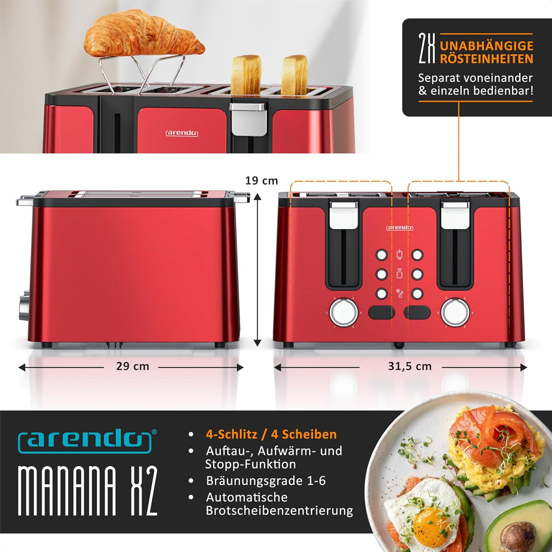Arendo - Toaster 4 Scheiben Edelstahl - mit Brötchenaufsatz - 4 Schlitze - LED Anzeige Restzeitanzei