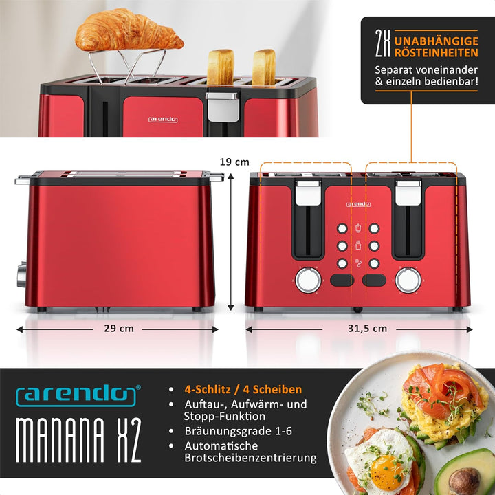 Arendo - Toaster 4 Scheiben Edelstahl - mit Brötchenaufsatz - 4 Schlitze - LED Anzeige Restzeitanzei
