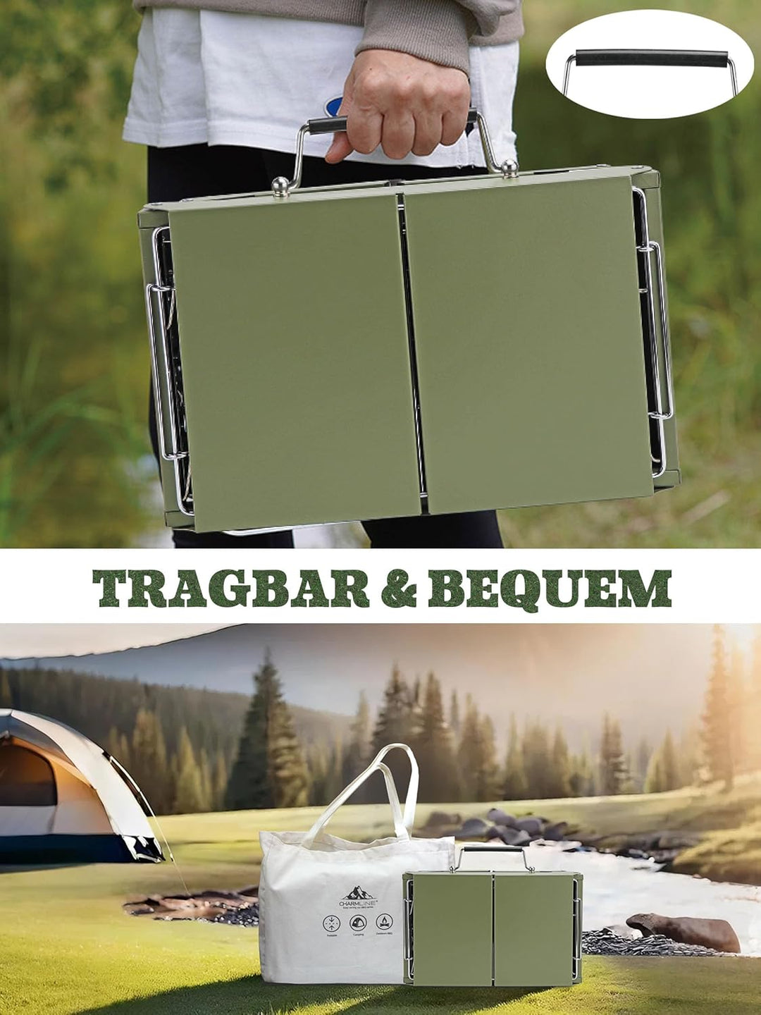 Charmline Tragbarer Holzkohlegrill, Klappbarer Campinggrill 39 x 27 cm für 2–4 Personen, Kleiner BBQ