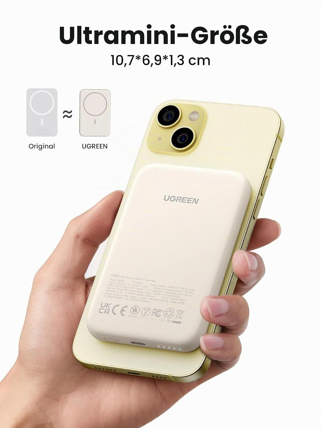 UGREEN Nexode Wireless Powerbank 5000mAh Magnetische Power Bank mit USB-C Schnellladefunktion, Kabel