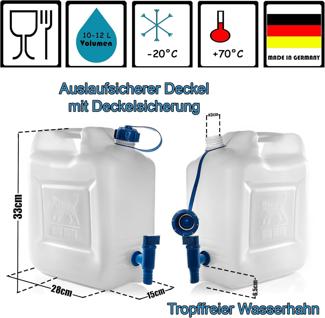 BigDean Wasserkanister 12l Trinkwasserbehälter, Trinkwasserkanister mit Hahn, Lebensmittelecht, geei
