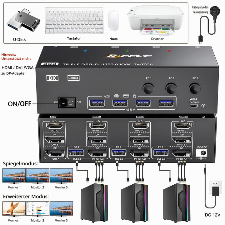KVM Switch 3 PC 3 Monitore 8K@60Hz, 4K@144Hz, USB 3.0 KVM Switch Triple Monitor 2 Displayport 1.4 +