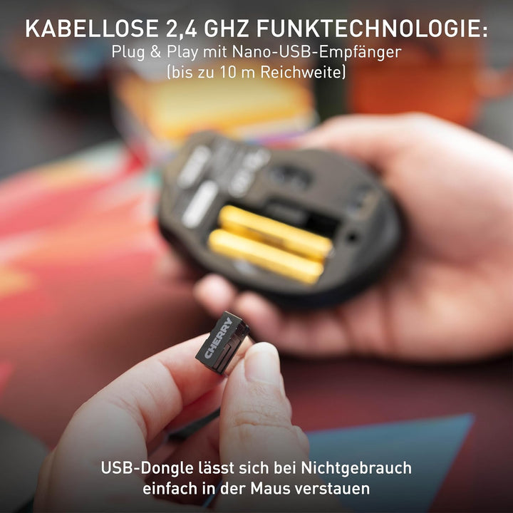 CHERRY MW 3000, Kabellose Ergonomische Maus für Rechtshänder, 2,4 GHz Funk, 6 Tasten, Optischer Sens