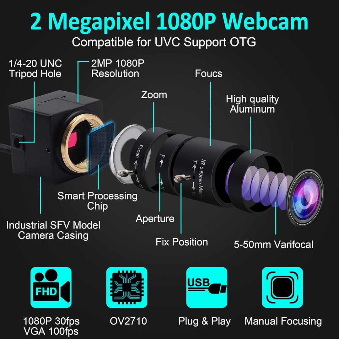ELP 1080P USB Kamera 5-50mm 10-Fach optisches manuelles Zoomobjektiv, 2 MP USB-Kamera mit CMOS OV271