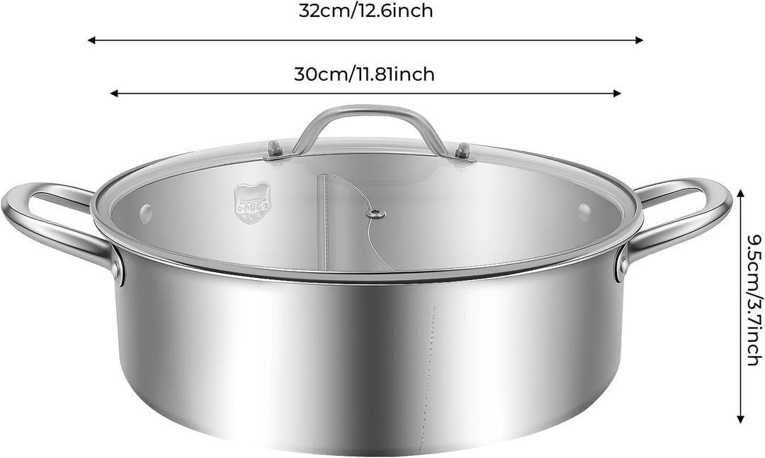 32cm Topf mit Glasdeckel 304 Edelstahl Hot Pot Topf 2 Abteilungen Silber Moderner Stil - Für Familie