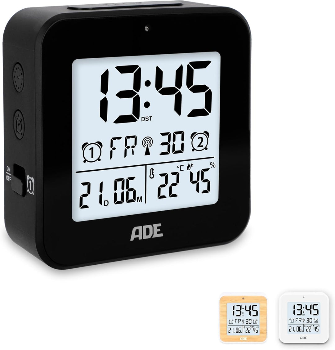 ADE Funkwecker digital mit Batterie | 2 Weckzeiten | Temperaturanzeige | Luftfeuchtigkeit | Reisewec