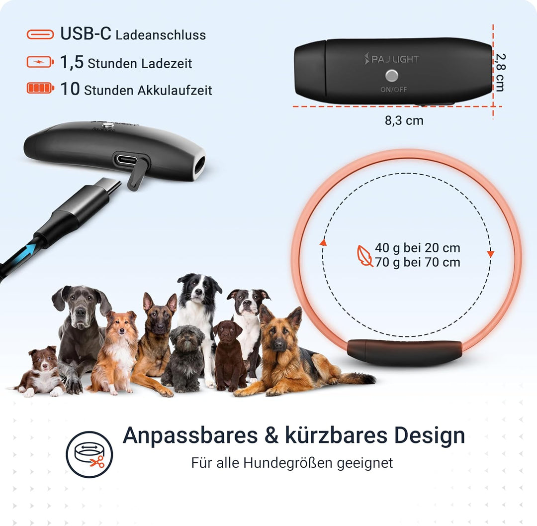 PAJ GPS - LED Leuchthalsband + GPS Tracker für Hunde, doppelte Sicherheit, weltweite Live-Ortung + S