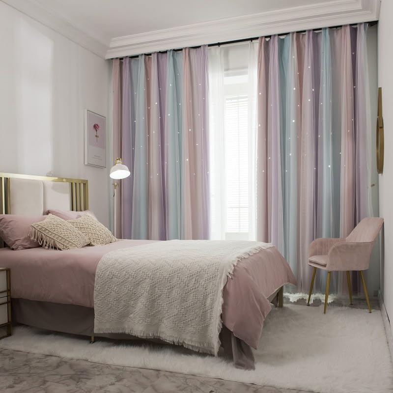 Freyamy Gardinen Lila Blau Weiss Glänzend Sterne Vorhänge Blickdicht Kinderzimmer Halbtransparent H