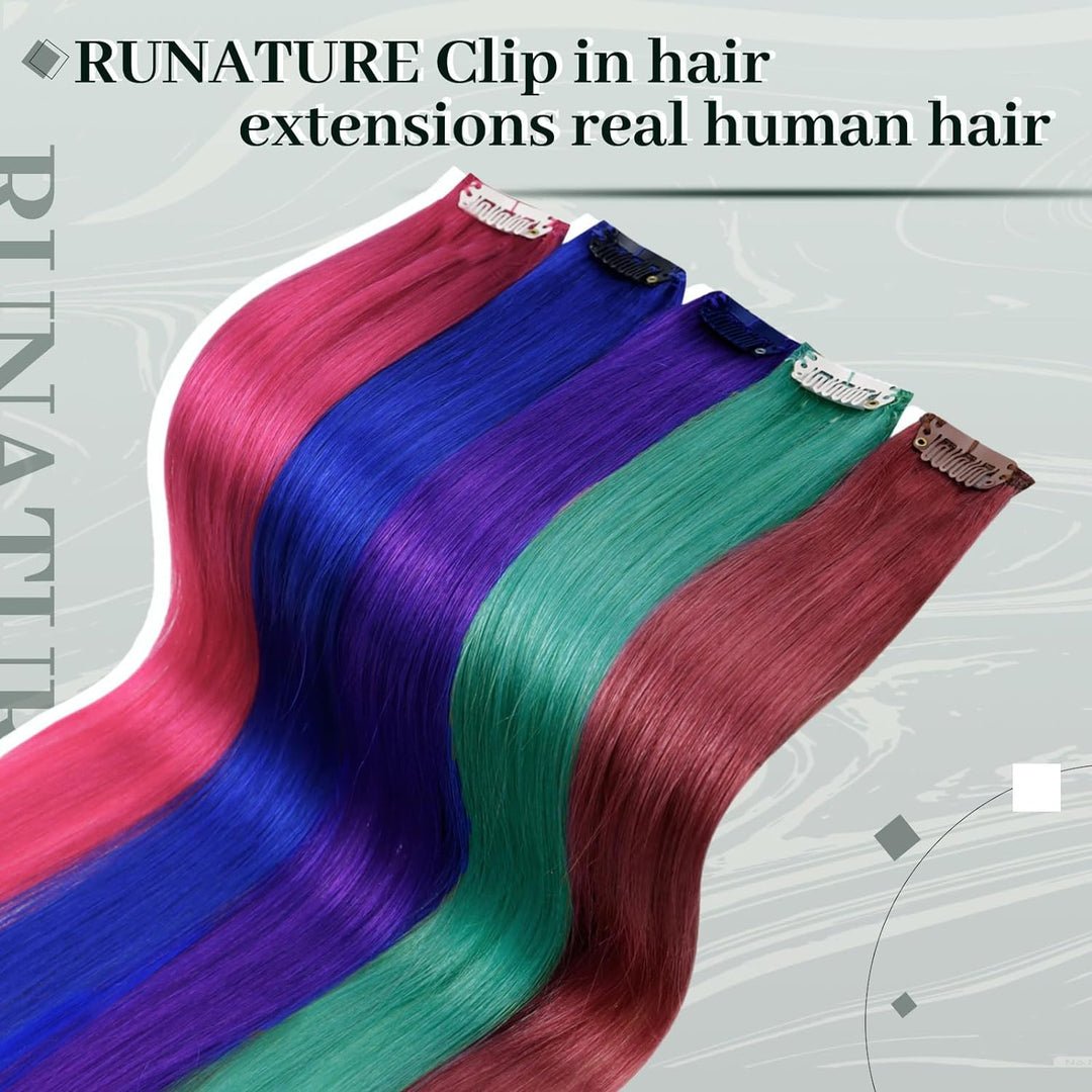 RUNATURE Bunt Haarverlängerung Echthaar Clip Invisible Lang Clip in Extensions 55cm Blau/Rot/Pink/Li
