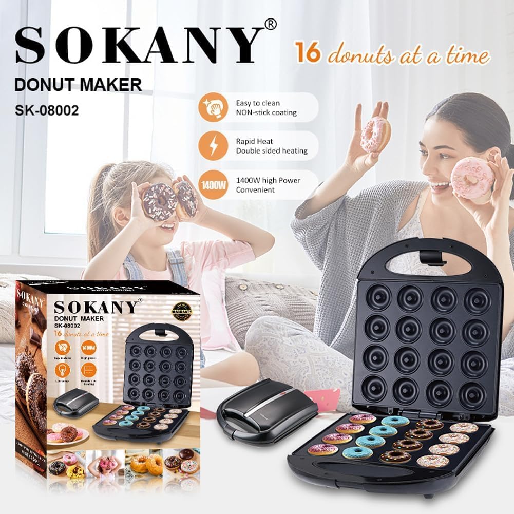 SOKANY SK-08002 1400W Donut Maker, Mini-Donut-Maker für 16 Mini-Donuts, Antihaftbeschichtung, Automa