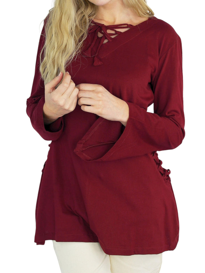 Leonardo Carbone Mittelalter Damen Bluse Lea mit Zipfelkapuze Schnürung Baumwolle rot - XXL