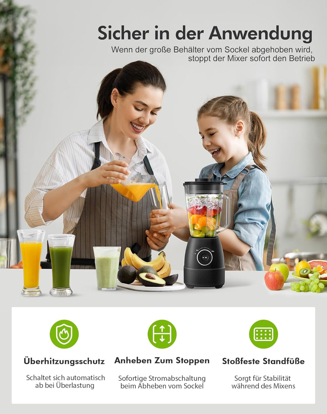 Mixer, Smoothie Maker, Standmixer, 1500 Watt Hochgeschwindigkeits Mixer Smoothie Maker mit 1,5L Glas