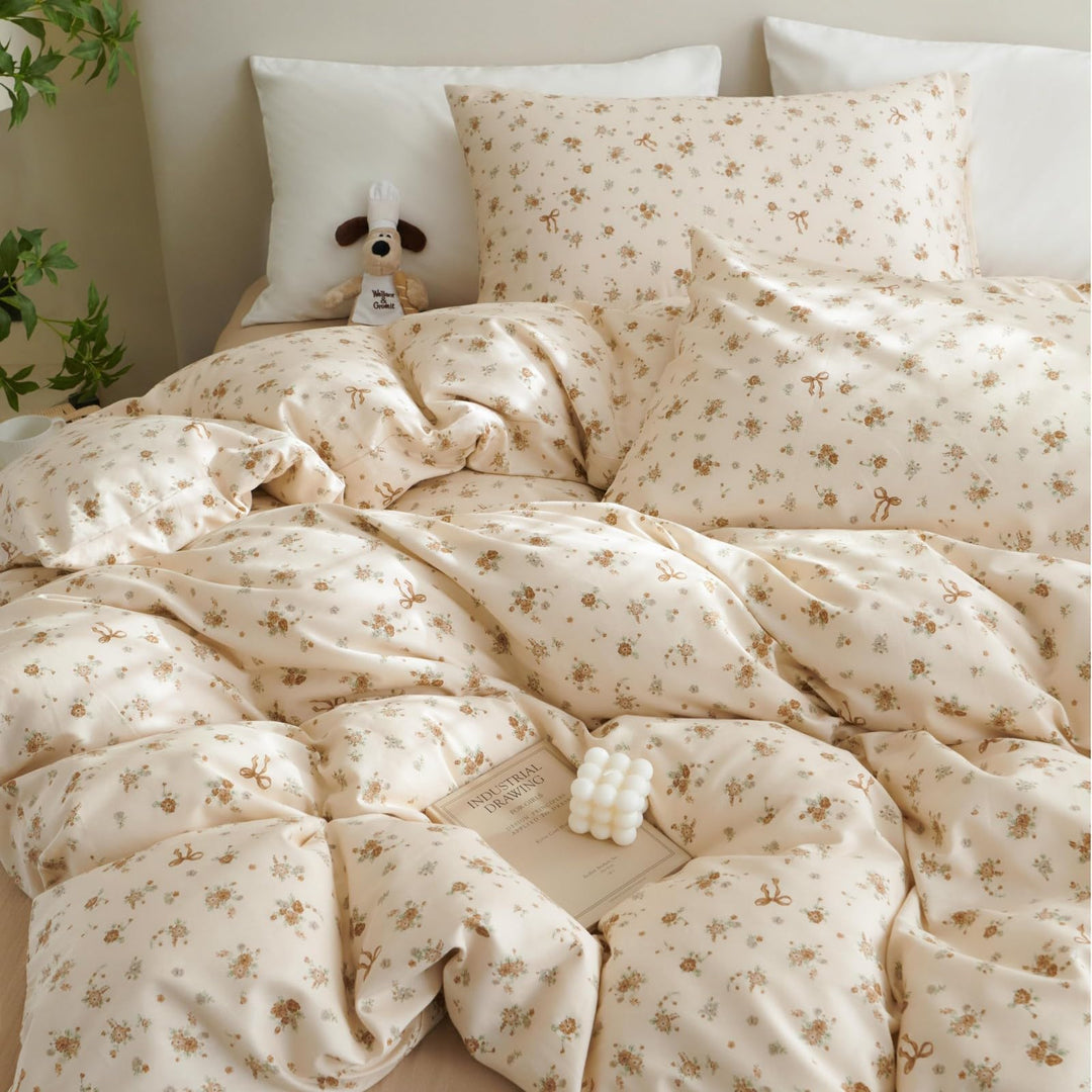 Tospass Baumwolle Bettwäsche Set 135x200cm Beige Khaki Grün Blumen Floral Schleife Mädchen Wendebett