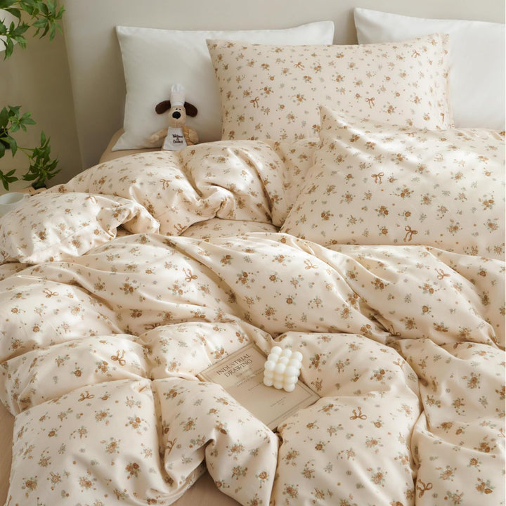 Tospass Baumwolle Bettwäsche Set 135x200cm Beige Khaki Grün Blumen Floral Schleife Mädchen Wendebett