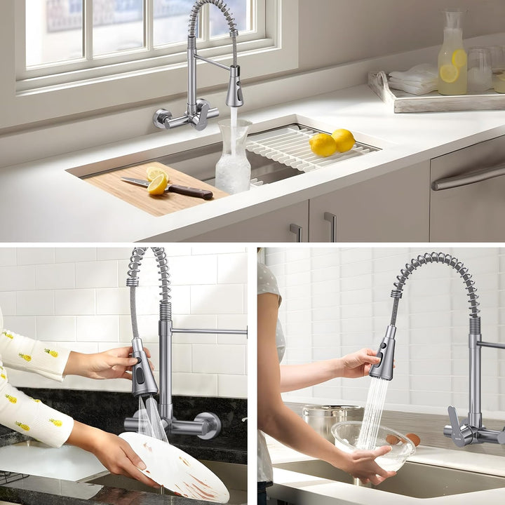 HURRAN Wasserhahn Wandmontage, Küchenarmatur mit 3 Auslaufarten, 360° Schwenkbarer Wasserhahn Küche