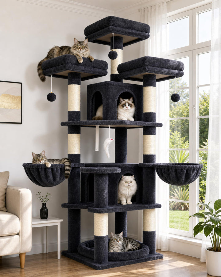 Globlazer Kratzbaum Stabil 174 cm mit 3 Gepolsterte Sitzstangen, 2 Katzenhaus, 2 Korb, Abnehmbares H