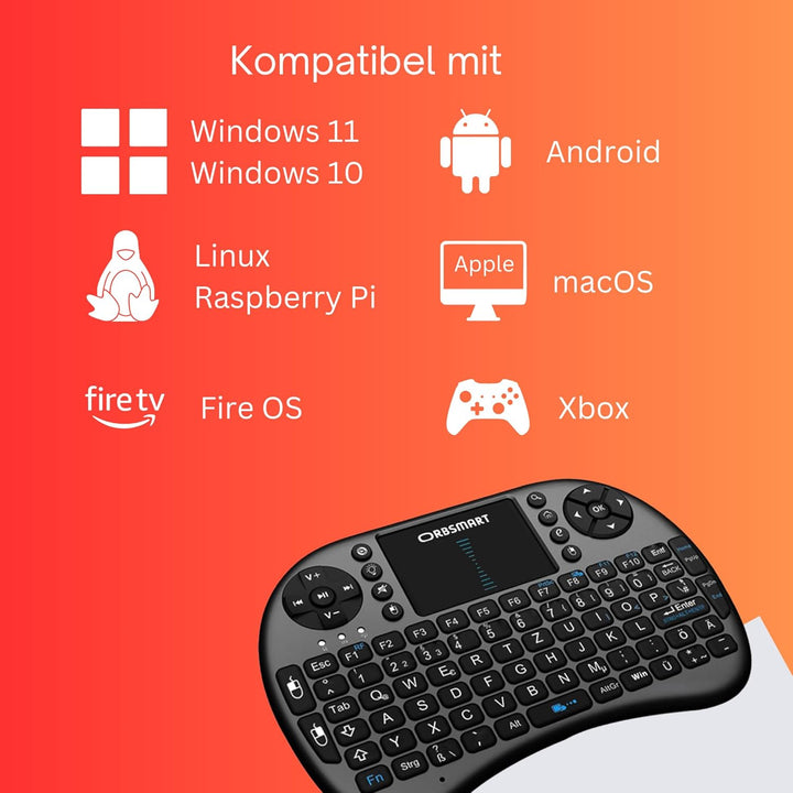 Orbsmart AM-2 kabellose Mini-Tastatur mit integrierten Touchpad/Wireless Keyboard inkl. deutsches Ta