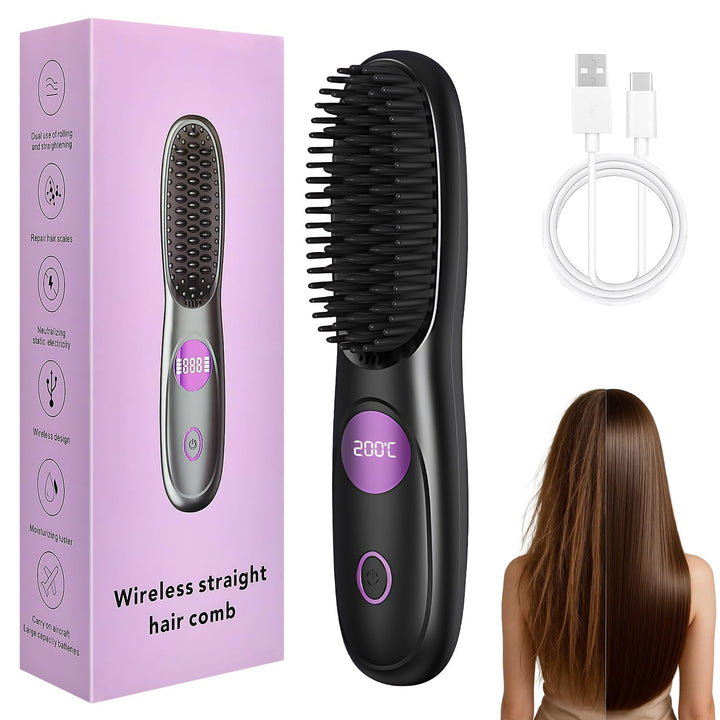 Tragbarer Stylingbürste, Stylingbürste für Kurze Haare, Glättbürste Kabellos mit 3 Temperaturen Vers