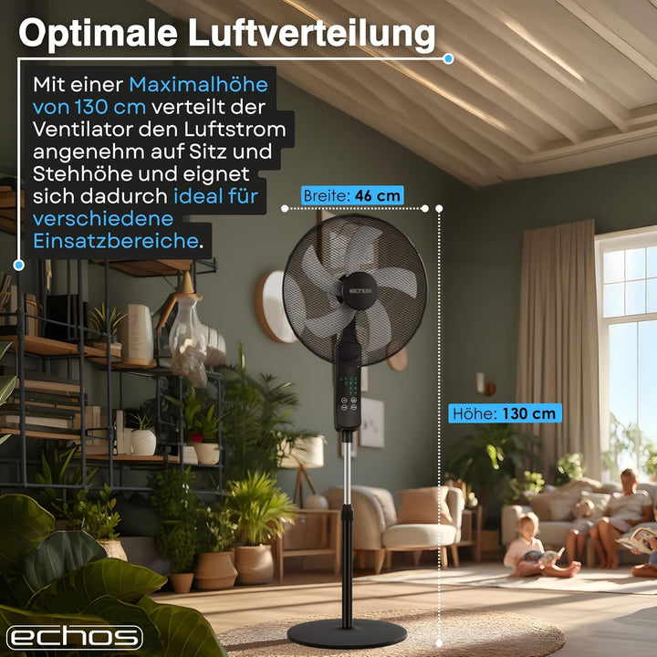 Echos® Standventilator 46cm Leise mit Fernbedienung 46 cm – 50W Leistungsstarker Standlüfter mit 3 G