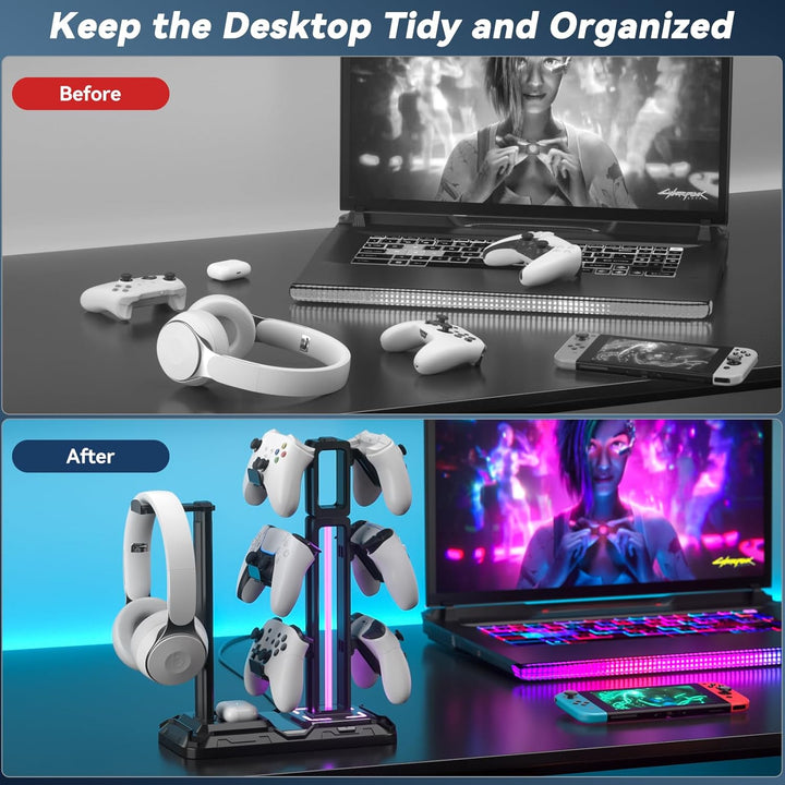 KDD Multi Gaming Headset Halterung mit 9 Lichtmodi - Drehbarer Controller Halter - Universal Kopfhör