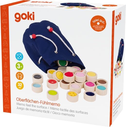 goki 59004 Fühlmemo Holz und Textil, Taktiles Lernspiel für die ganze Familie, unterschiedliche Ober