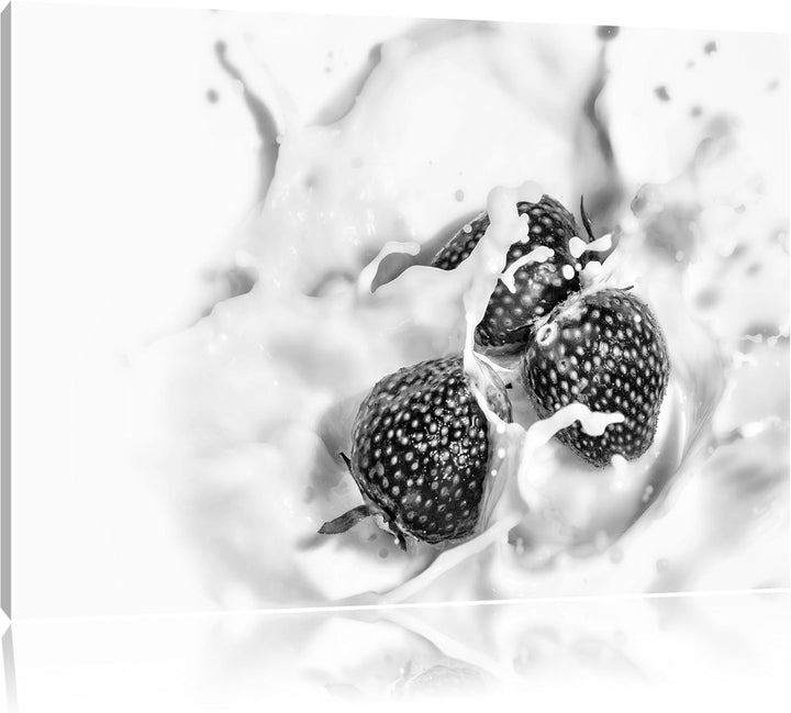 Pixxprint Monocrome, Erdbeeren in Milch Erdbeermilch, Format: 100x70 auf Leinwand, XXL riesige Bilde