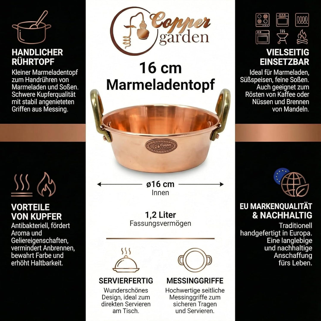 CopperGarden Sossen- & Marmeladentopf 1,2 Liter I Kochtopf aus Kupfer mit 16 cm Durchmesser I handli